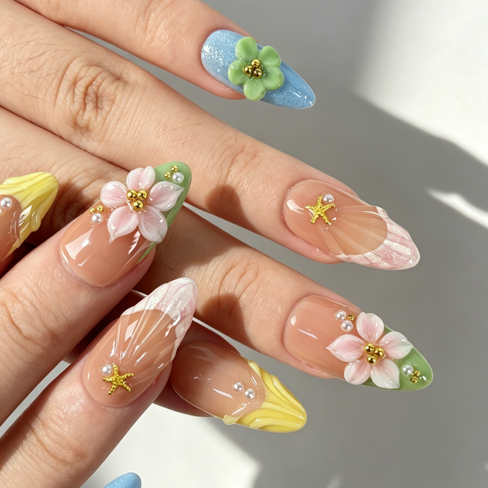 Sweet Pastel Floral Beach Press On Nails, Medium Almond Nude Fake Nails