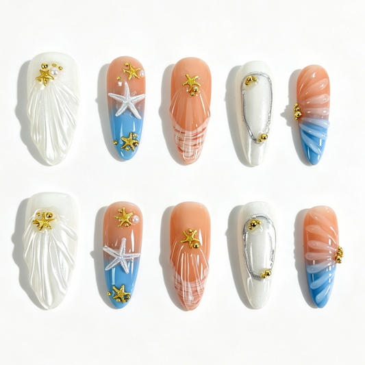 Long Almond Press On Nails, Summer Beach 3D Starfish Shell Wave Gradient Fake Nail Set