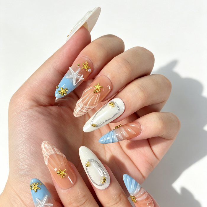 Close Up Ocean Nail Art, 3D Starfish Embossed Shell Wave Gold Bead Decor