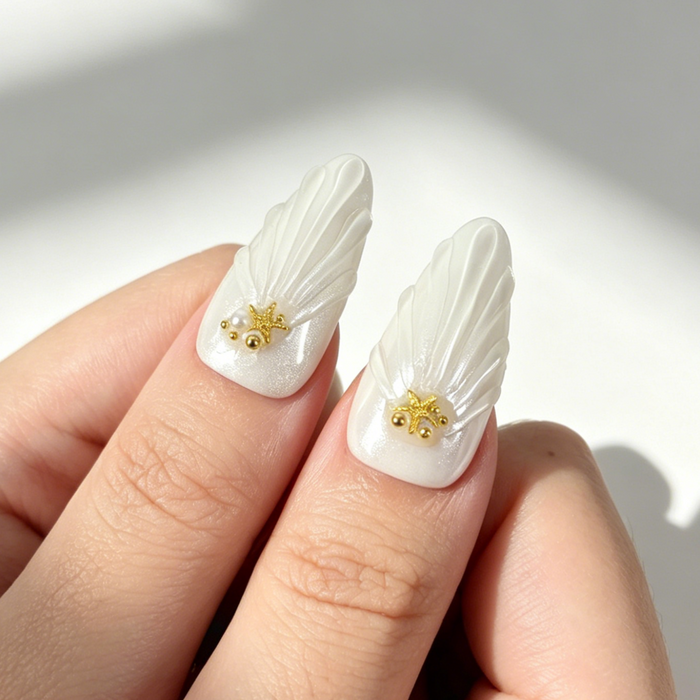 Minimal Beach Starfish Press On Nails, Long Almond Gradient Fake Nails