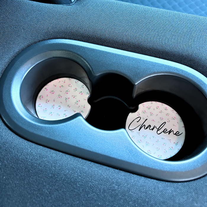Pink floral Coconut Lane car coaster with Charlene in cursive text.