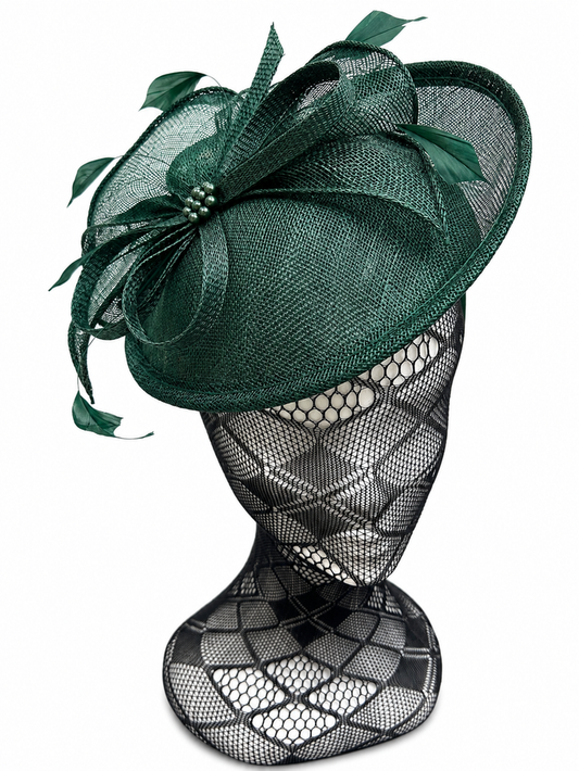 Pine Green Feather & Bow Round Disc Fascinator