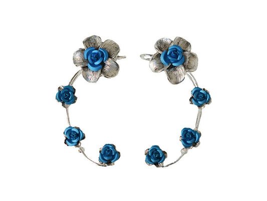Plumeria Rose Elf Ear Cuffs - Silver Lightweight Non Piercing Jewelry front view