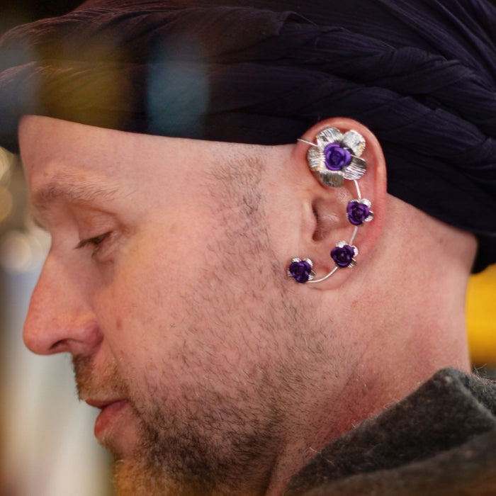 Silver floral elf ear cuff with purple rose accents, non-piercing wire ear wrap