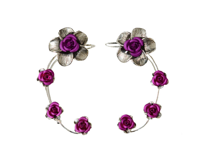 Plumeria Rose Elf Ear Cuffs - Silver Lightweight Non Piercing Jewelry front view