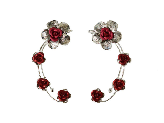 Plumeria Rose Elf Ear Cuffs - Silver Lightweight Non Piercing Jewelry front view