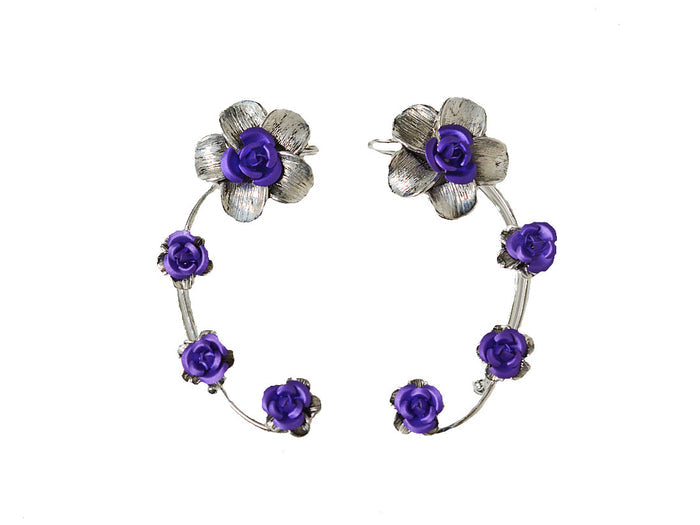 Plumeria Rose Elf Ear Cuffs - Silver Lightweight Non Piercing Jewelry front view