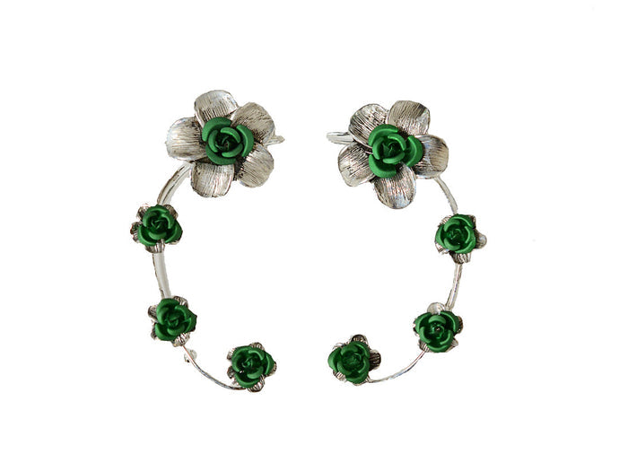 Plumeria Rose Elf Ear Cuffs - Silver Lightweight Non Piercing Jewelry front view