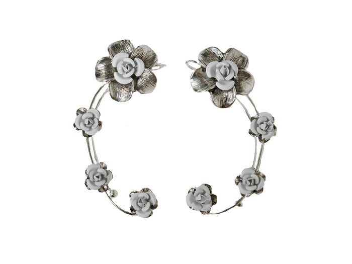 Plumeria Rose Elf Ear Cuffs - Silver Lightweight Non Piercing Jewelry front view