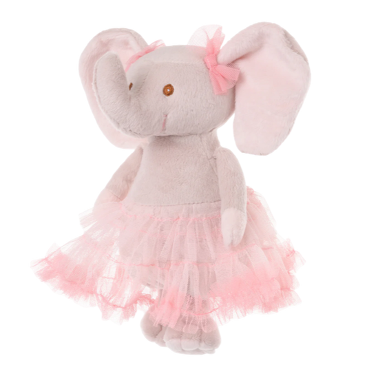 Plush elephant toy with a pink tutu on a white background