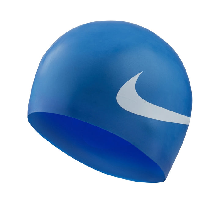 Nike printed silicone swimming cap in blue, designed for comfortable fit and durability during swim training or competitions.