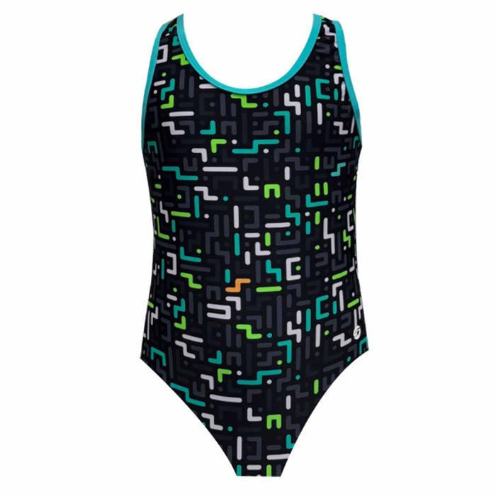 Ras Girls Gya Sport Back Swimsuit for girls, black and multi-color, featuring a sporty back design, suitable for swimming and active wear.