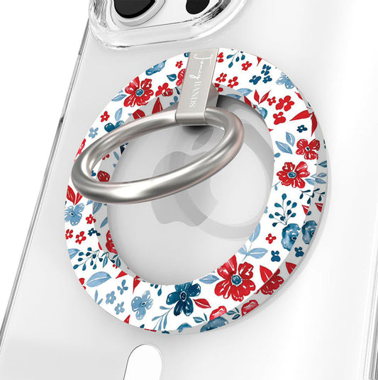 Red White and Bloom patriotic floral MagSafe phone grip ring with red navy and light blue watercolor flowers on a white background compatible with iPhone and Samsung