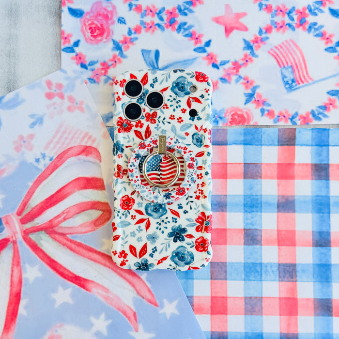 Red White and Bloom patriotic floral MagSafe phone grip ring with red navy and light blue watercolor flowers on a white background compatible with iPhone and Samsung