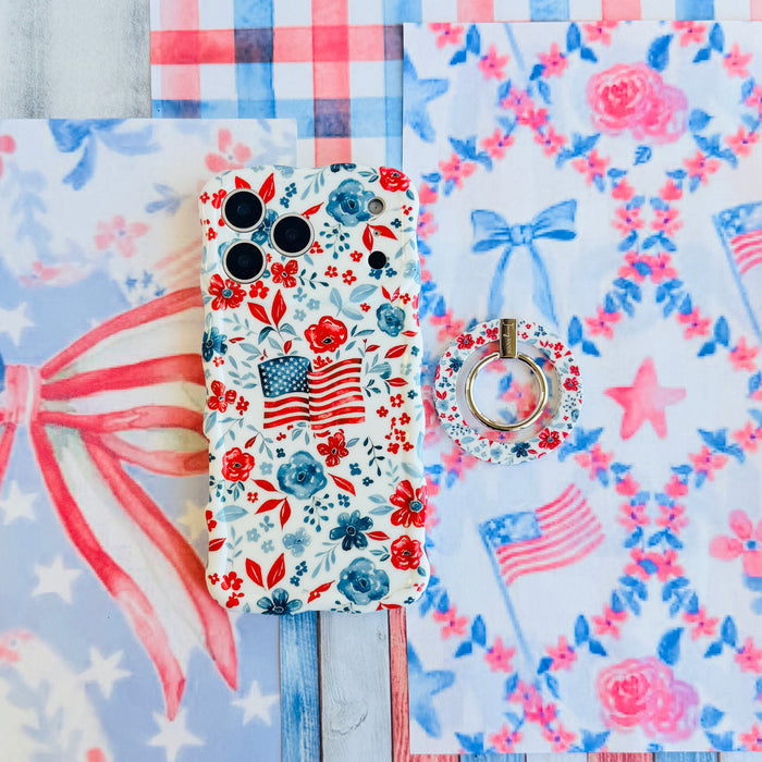 Red White and Bloom patriotic floral MagSafe phone grip ring with red navy and light blue watercolor flowers on a white background compatible with iPhone and Samsung
