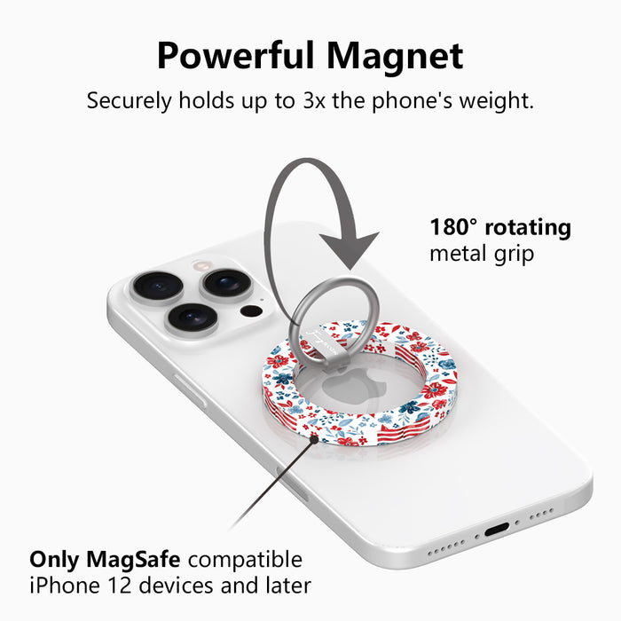 Red White and Bloom patriotic floral MagSafe phone grip ring with red navy and light blue watercolor flowers on a white background compatible with iPhone and Samsung