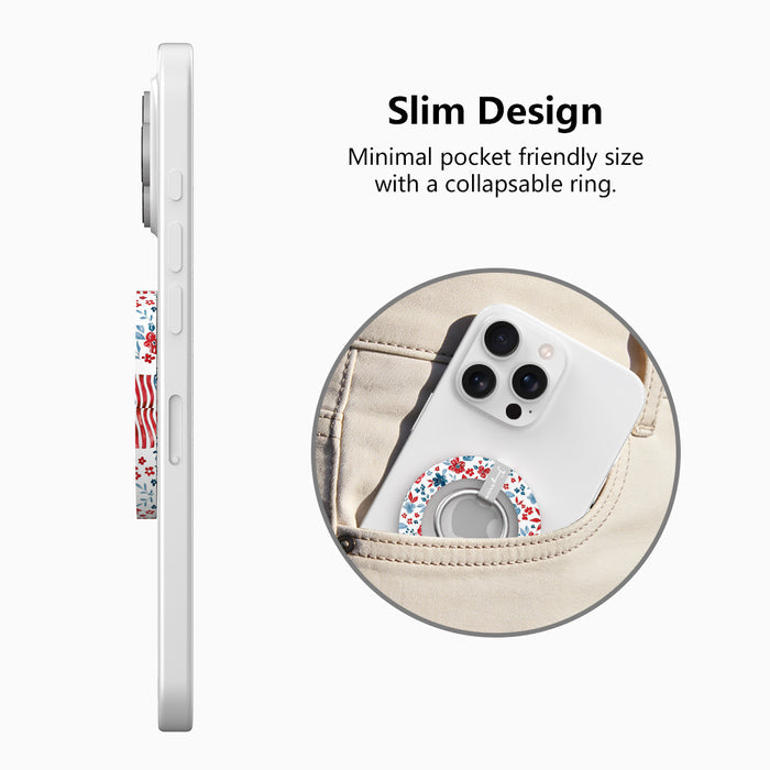 Red White and Bloom patriotic floral MagSafe phone grip ring with red navy and light blue watercolor flowers on a white background compatible with iPhone and Samsung