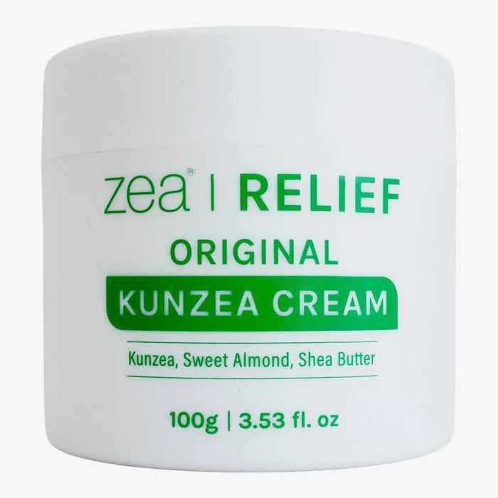 Kunzea Cream jar with 'Zea Relief' branding on a white background. Also contains shea butter & sweet almond.