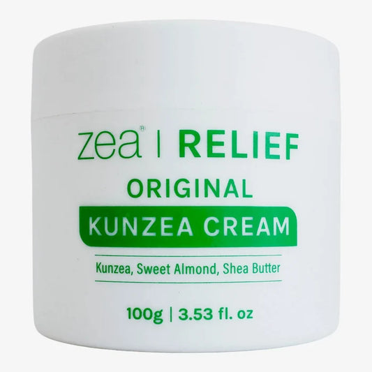 Kunzea Cream jar with 'Zea Relief' branding on a white background. Also contains shea butter & sweet almond.