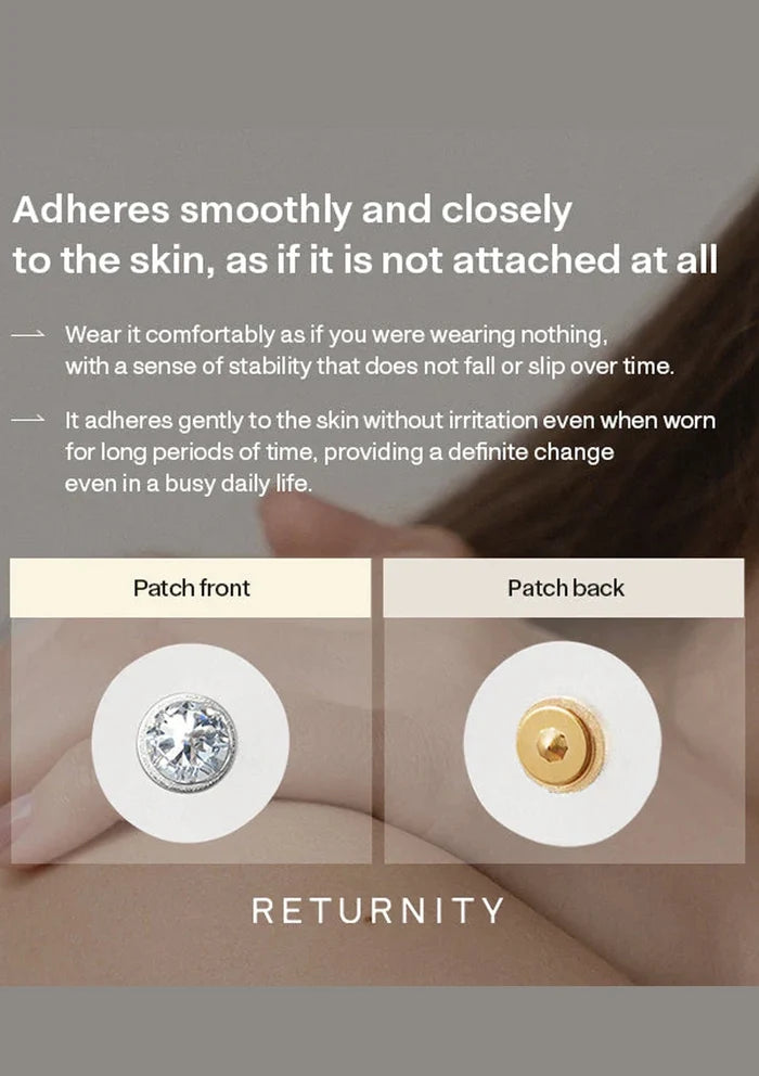 Product packaging with adhesive patch showing front and back, and text about skin adhesion.
