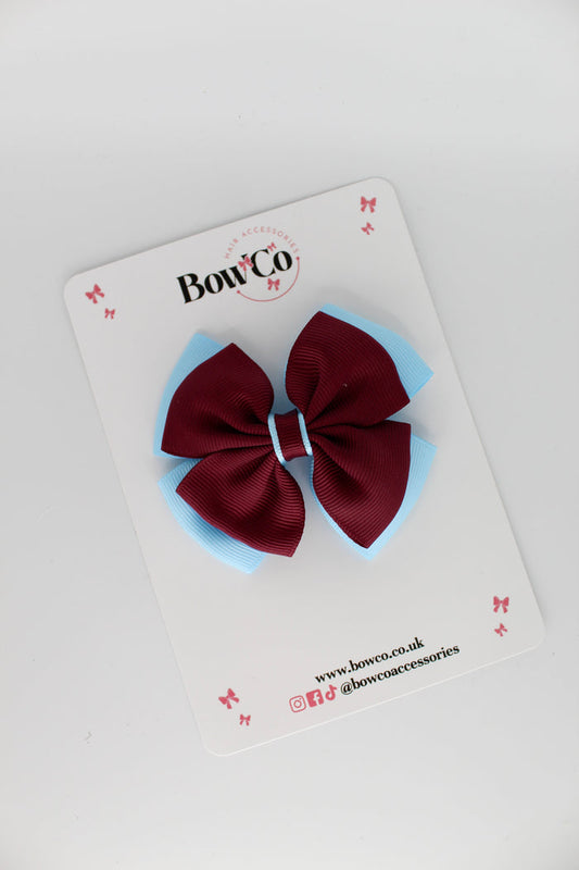 School Bow Burgundy and Blue Topaz - Layer Edge Bow - Clip
