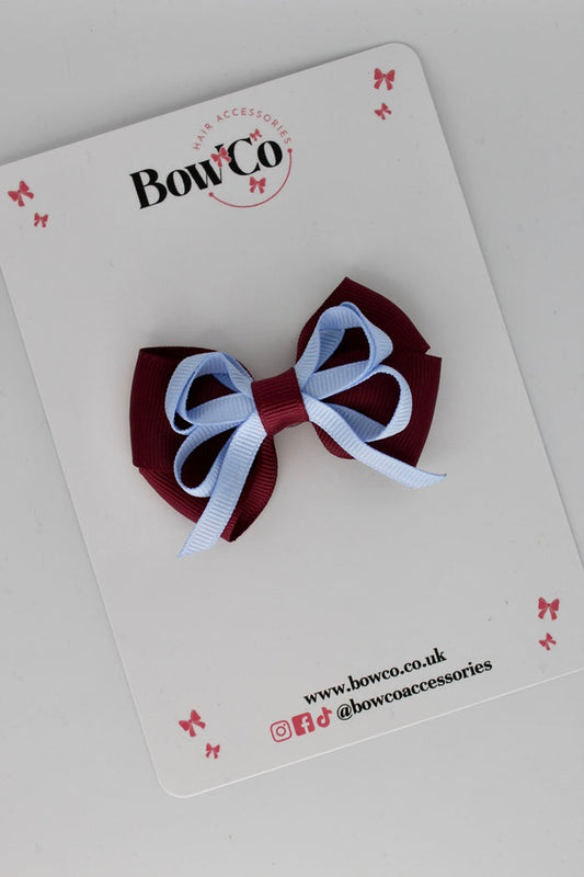 School Bow Burgundy and Bluebell - Double Bow - Clip
