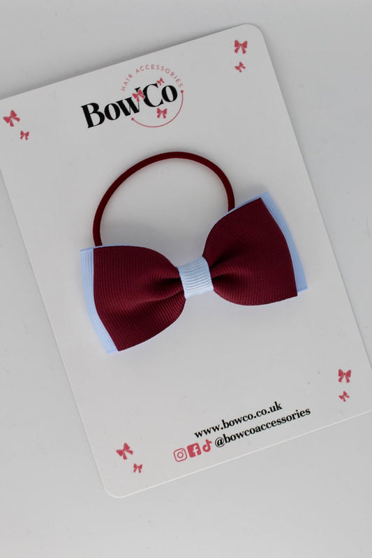 School Bow Burgundy and Bluebell - Double Lapel Bow - Elastic