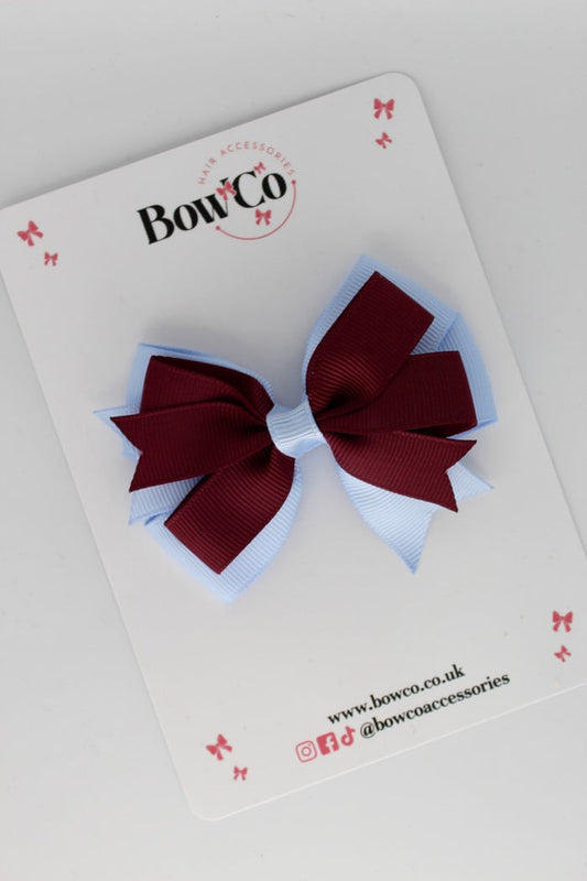 School Bow Burgundy and Bluebell - Double Tail Bow - Clip