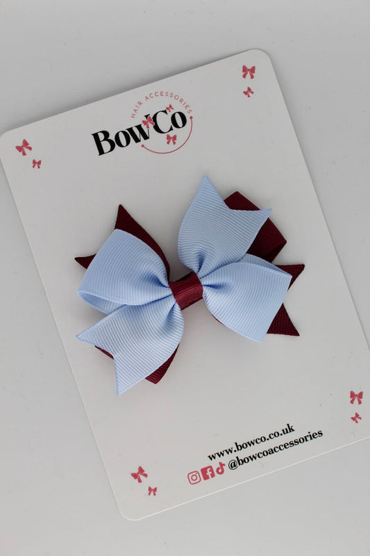 School Bow Burgundy and Bluebell - Layer Tail Bow - Clip