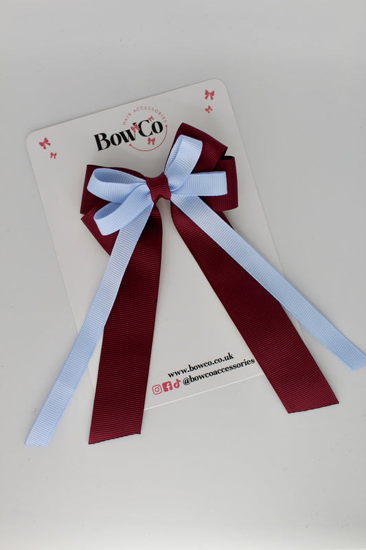 School Bow Burgundy and Bluebell - Loop Bow Tail Clip