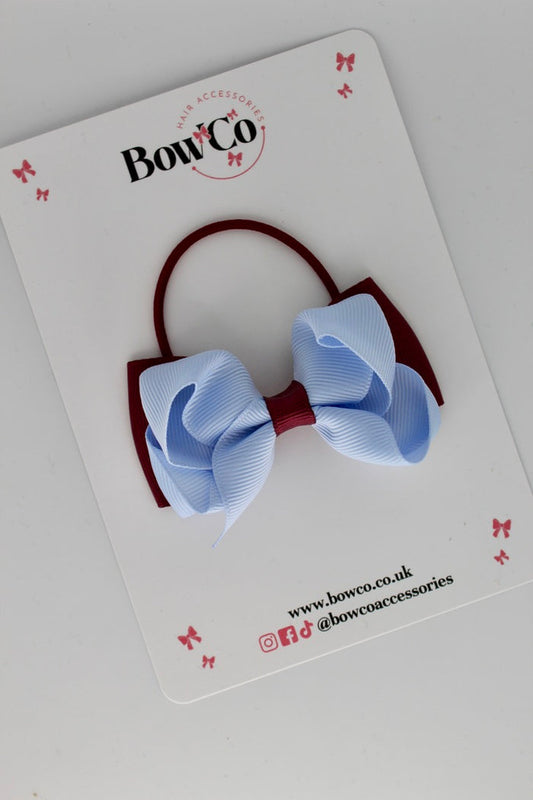 School Bow Burgundy and Bluebell - Pleated Bow - Elastic