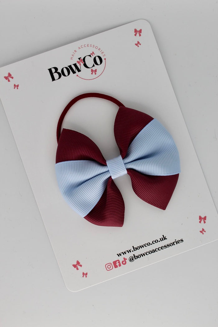 School Bow Burgundy and Bluebell - Round Tuxedo Bow Set - Elastic
