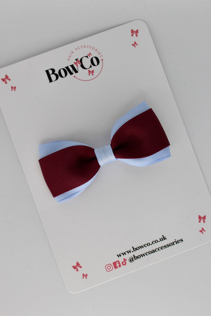 School Bow Burgundy and Bluebell - Tuxedo Bow - Clip