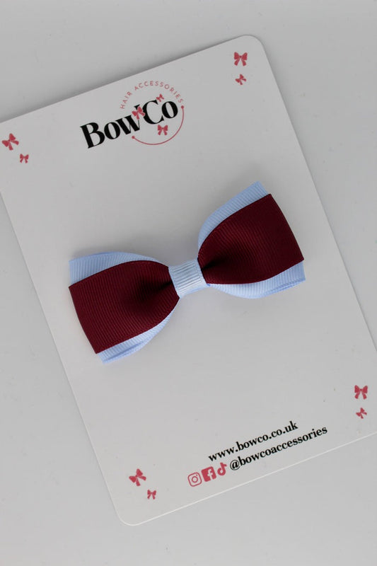School Bow Burgundy and Bluebell - Tuxedo Bow - Clip