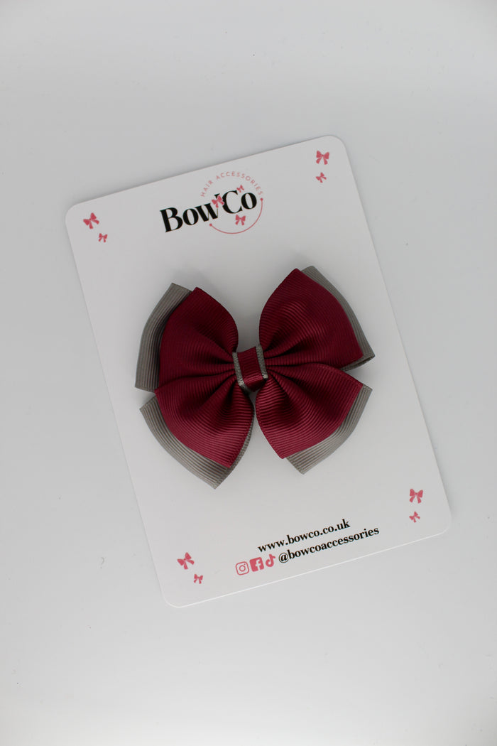 School Bow Burgundy and Metal Grey - Layer Edge Bow - Clip