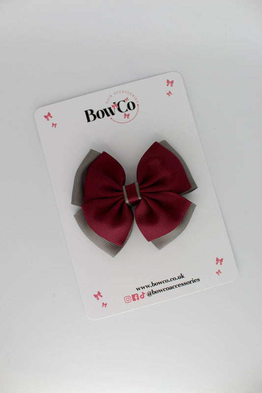 School Bow Burgundy and Metal Grey - Layer Edge Bow - Clip