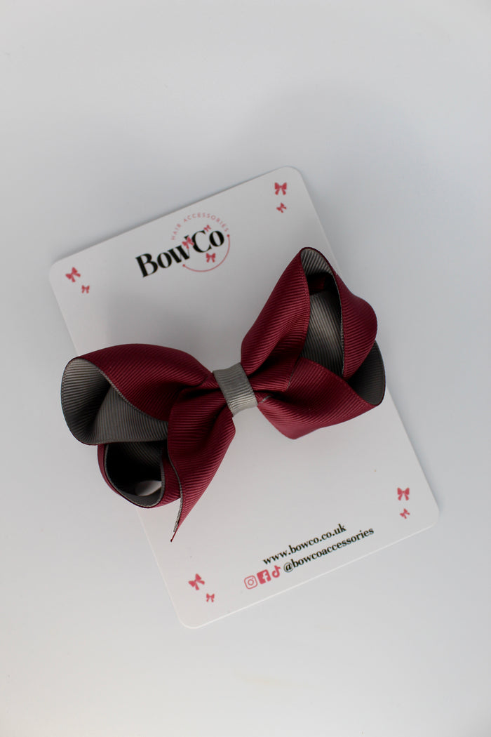 School Bow Burgundy and Metal Grey - Loop Bow - Clip