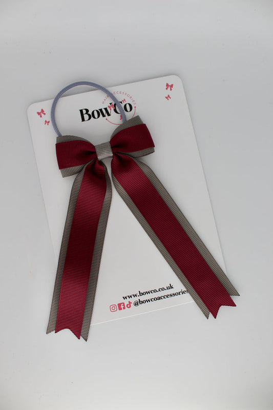 School Bow Burgundy and Metal Grey - Tuxedo Tails Bow - Elastic