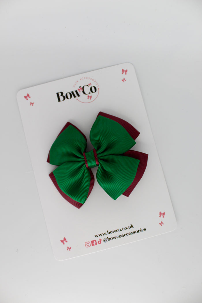 School Bow Forest Green and Burgundy - Layer Edge Bow - Clip