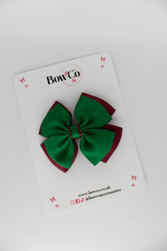 School Bow Forest Green and Burgundy - Layer Edge Bow - Clip