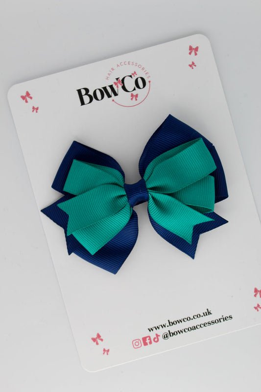 School Bow Jade Green and Navy - Double Tail Bow - Clip