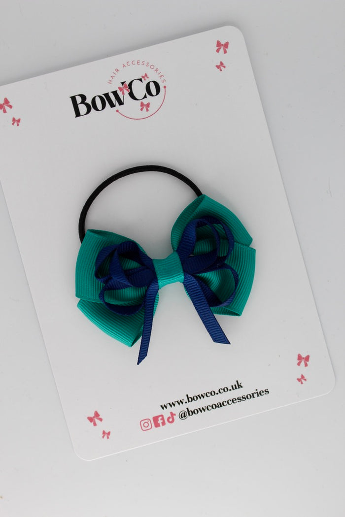School Bow Jade Green and Navy Blue - Double Bow - Elastic