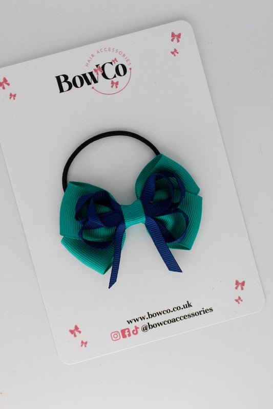 School Bow Jade Green and Navy Blue - Double Bow - Elastic