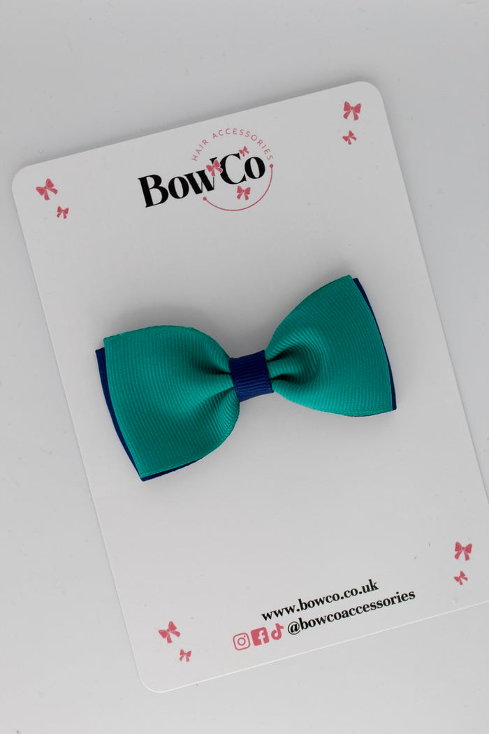 School Bow Jade Green and Navy Blue - Double Lapel Bow - Clip