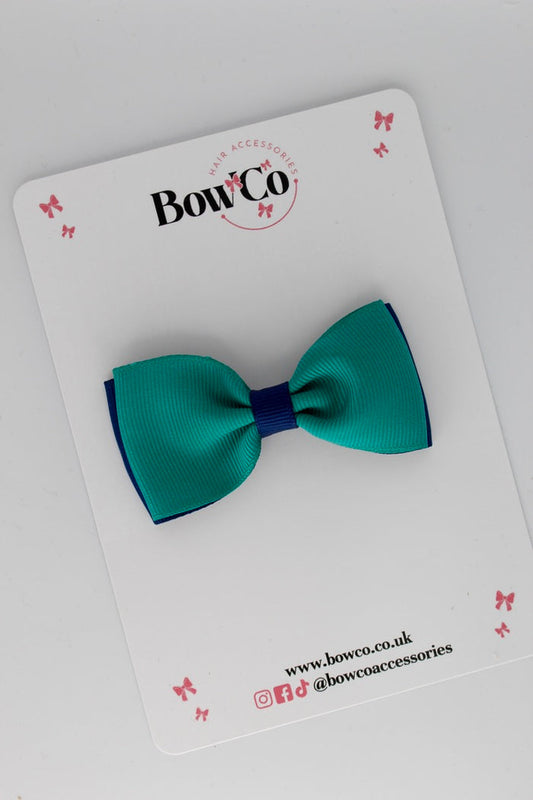 School Bow Jade Green and Navy Blue - Double Lapel Bow - Clip