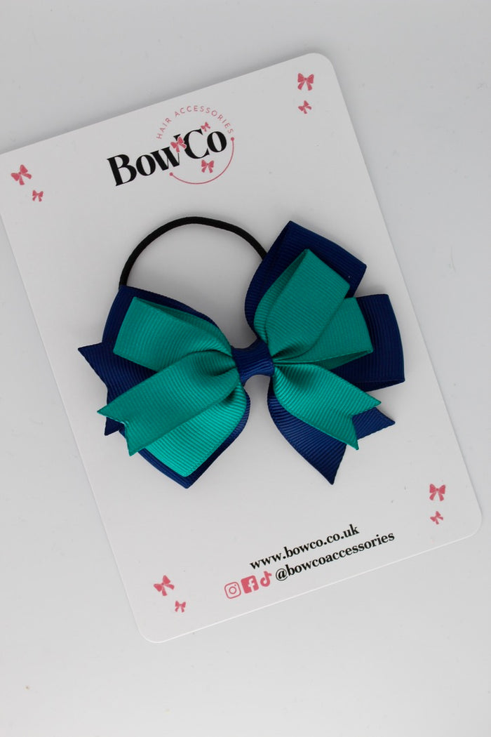 School Bow Jade Green and Navy Blue - Double Tail Bow - Elastic