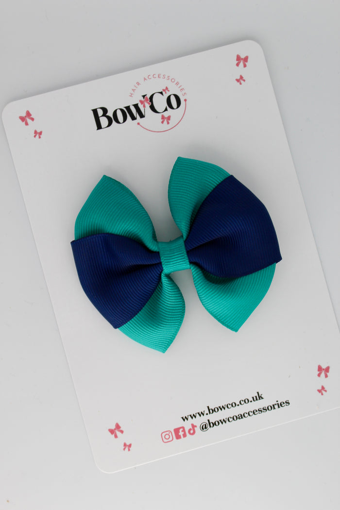 School Bow Jade Green and Navy Blue - Round Tuxedo Bow - Clip