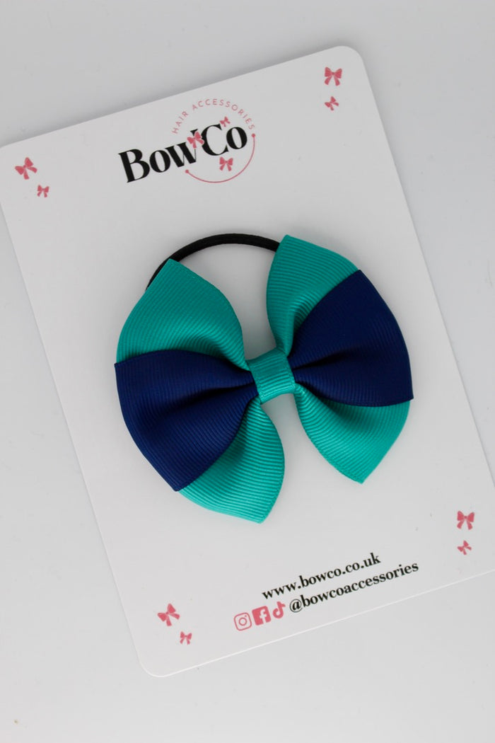 School Bow Jade Green and Navy Blue - Round Tuxedo Bow - Elastic