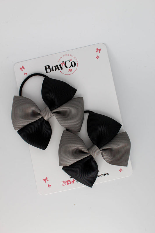 School Bows - Twist Bow - 2 Pack - Elastic - Black and Metal Grey