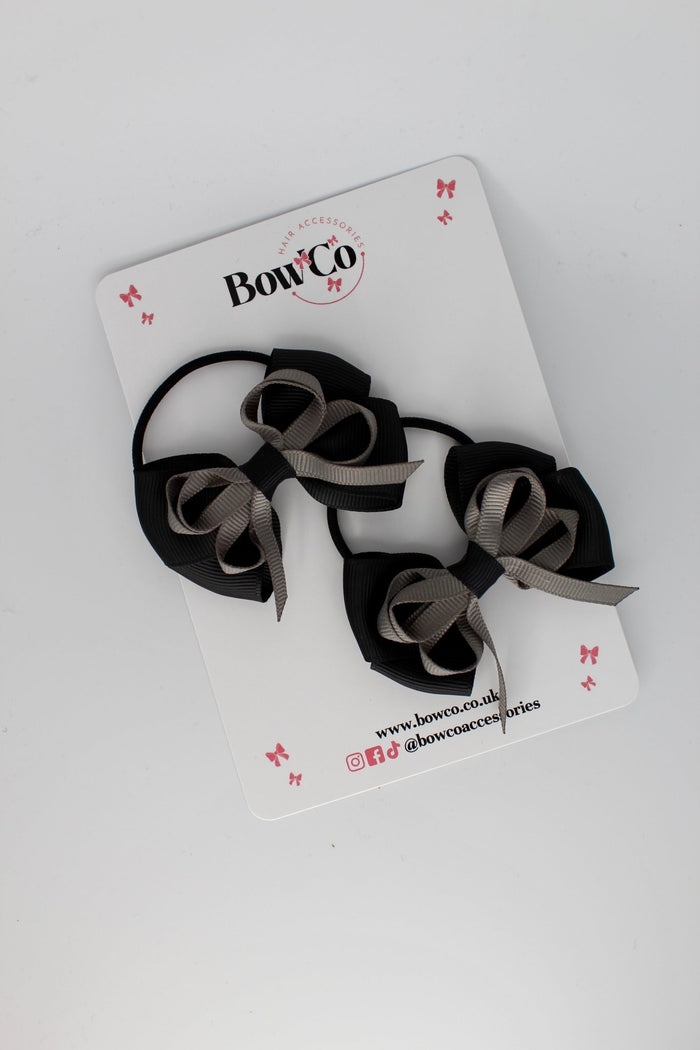 School Bows Black and Metal Grey - Double Bow Set - Elastic